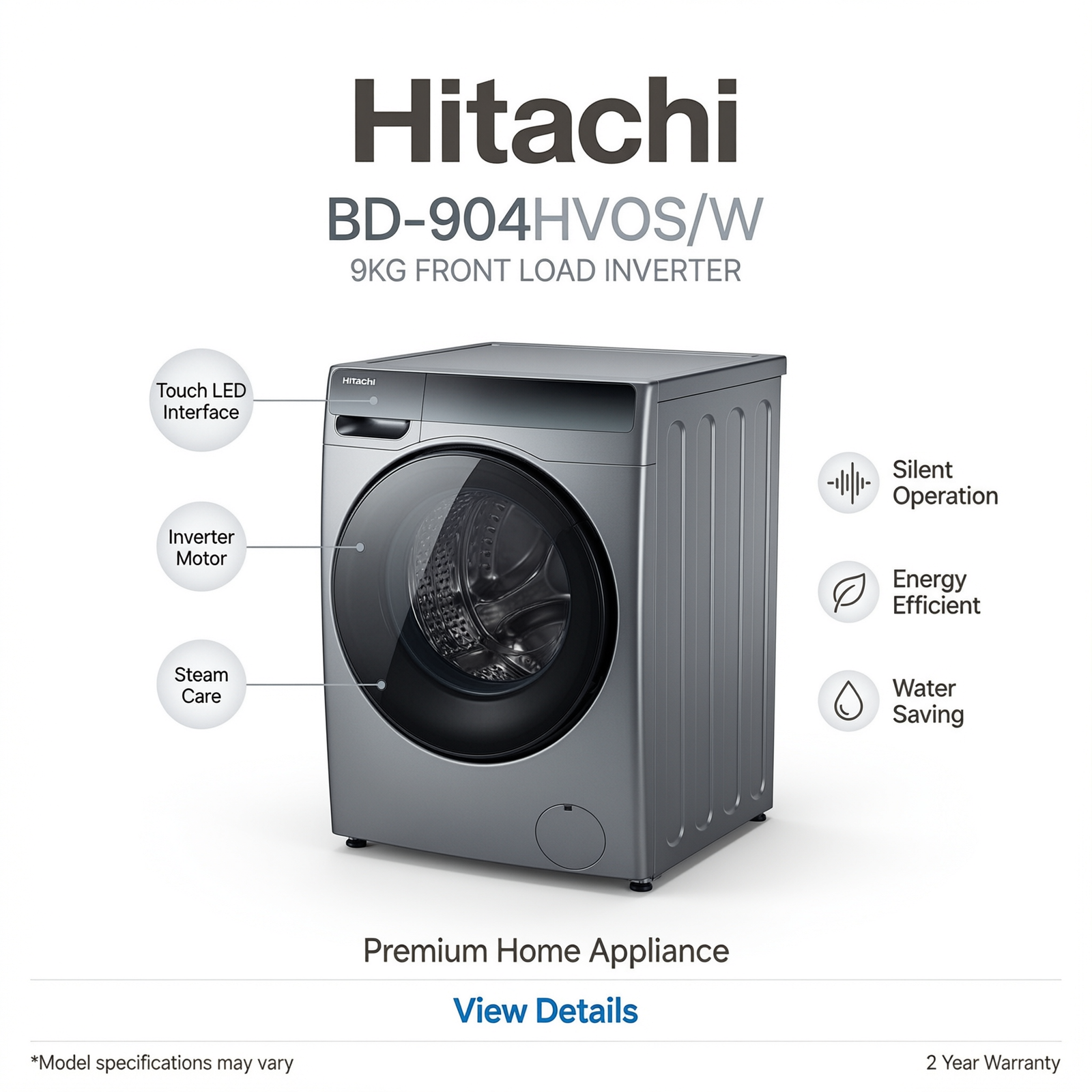 Hitachi 9kg Front Load Inverter Washing Machine (BD-904HVOS/W) photo 2
